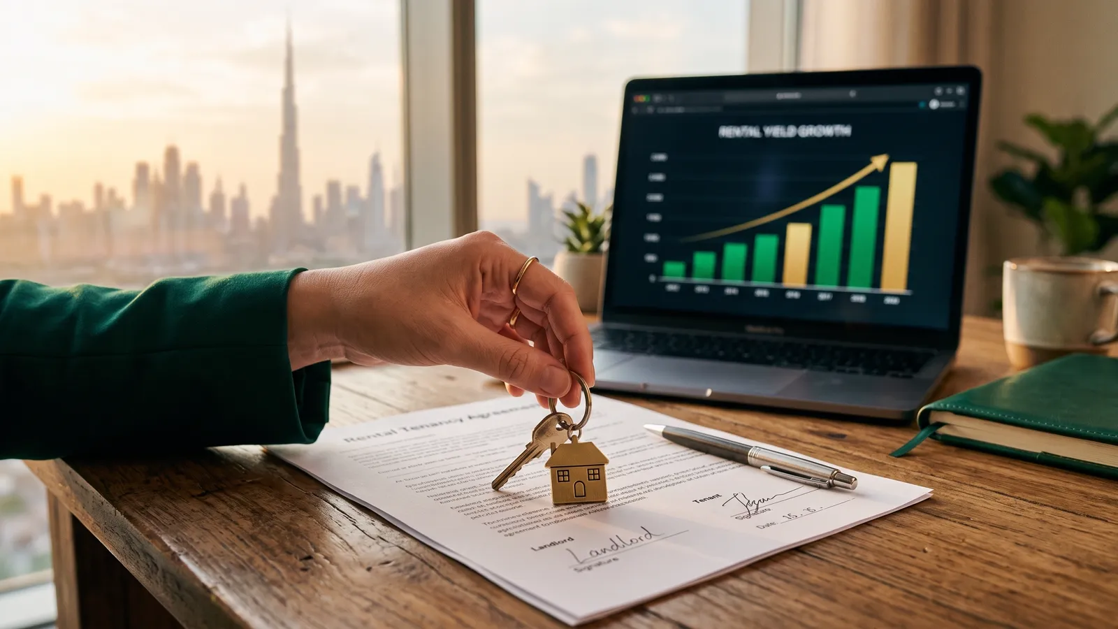 Hand placing a house-shaped keychain on a signed rental tenancy agreement, with a laptop showing rental yield growth and the Dubai skyline in the background