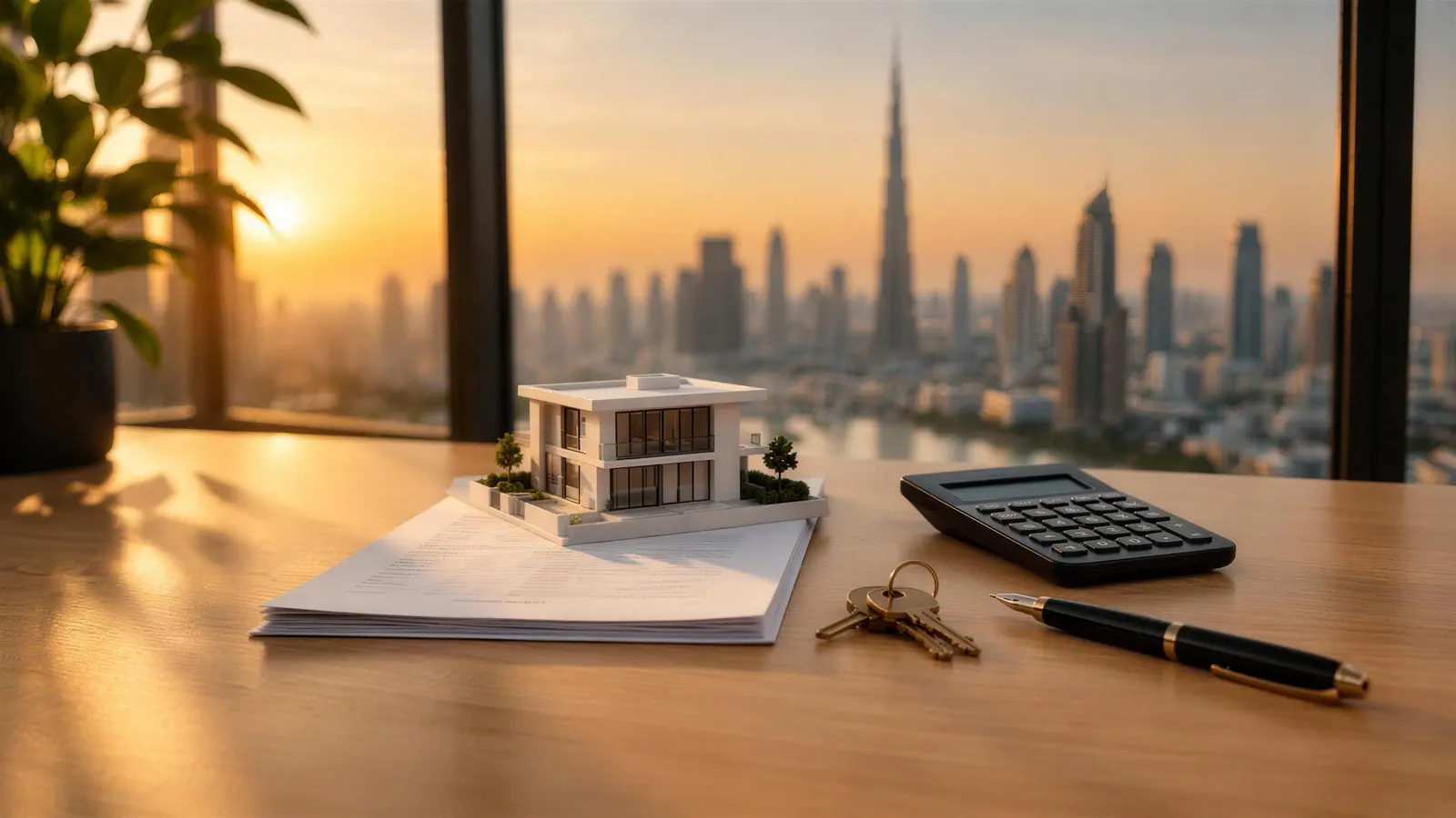 Model house resting on a payslip beside a calculator, pen and house keys on a desk, with the Dubai skyline at sunset behind