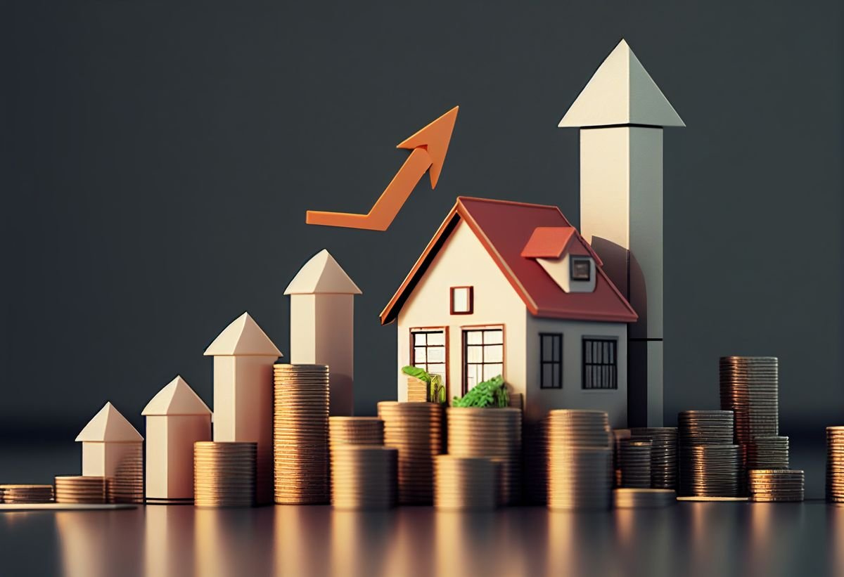 3D illustration of a house on rising stacks of coins with an upward arrow, symbolizing rising UAE mortgage rates