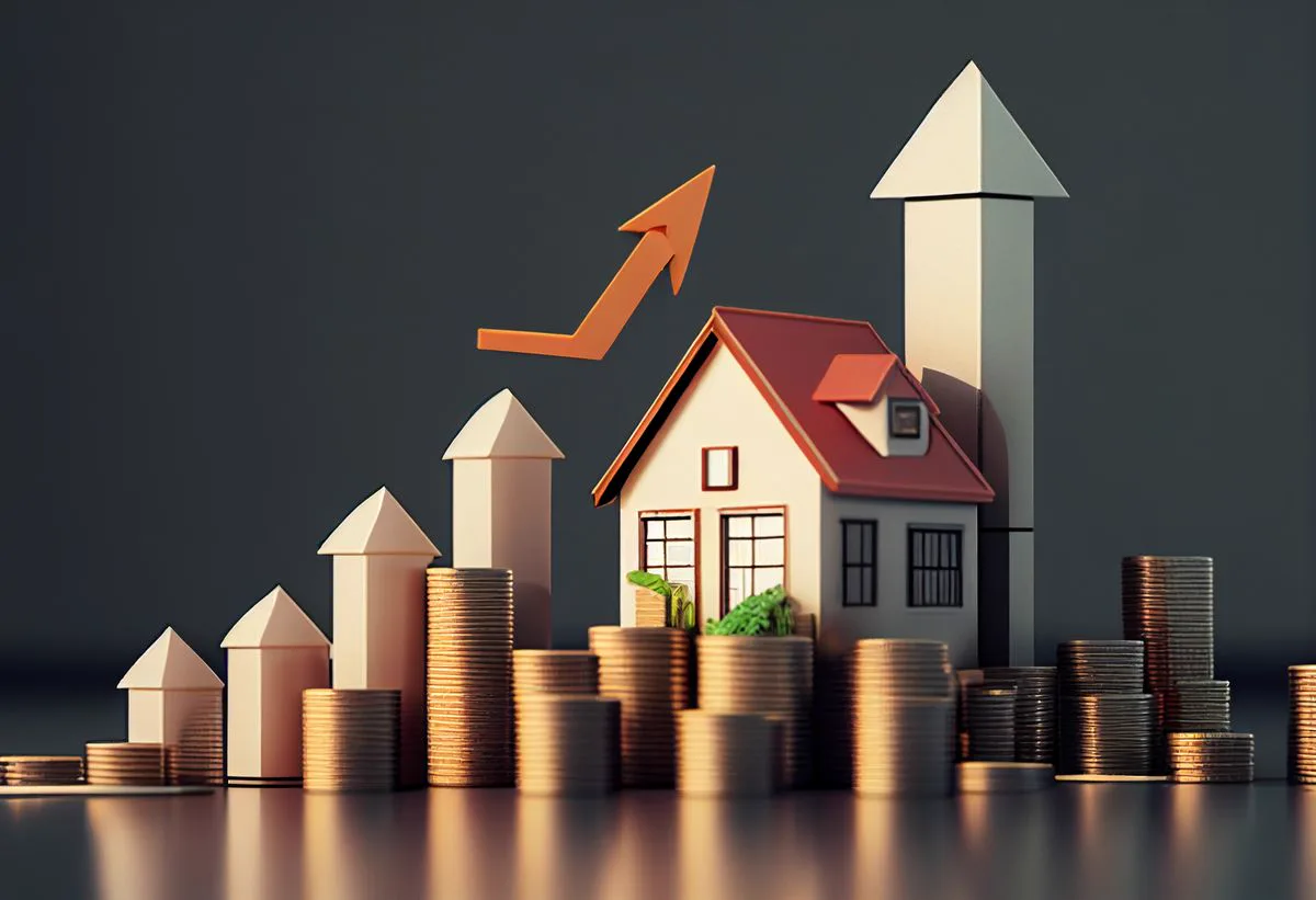 3D illustration of a house on rising stacks of coins with an upward arrow, symbolizing rising UAE mortgage rates