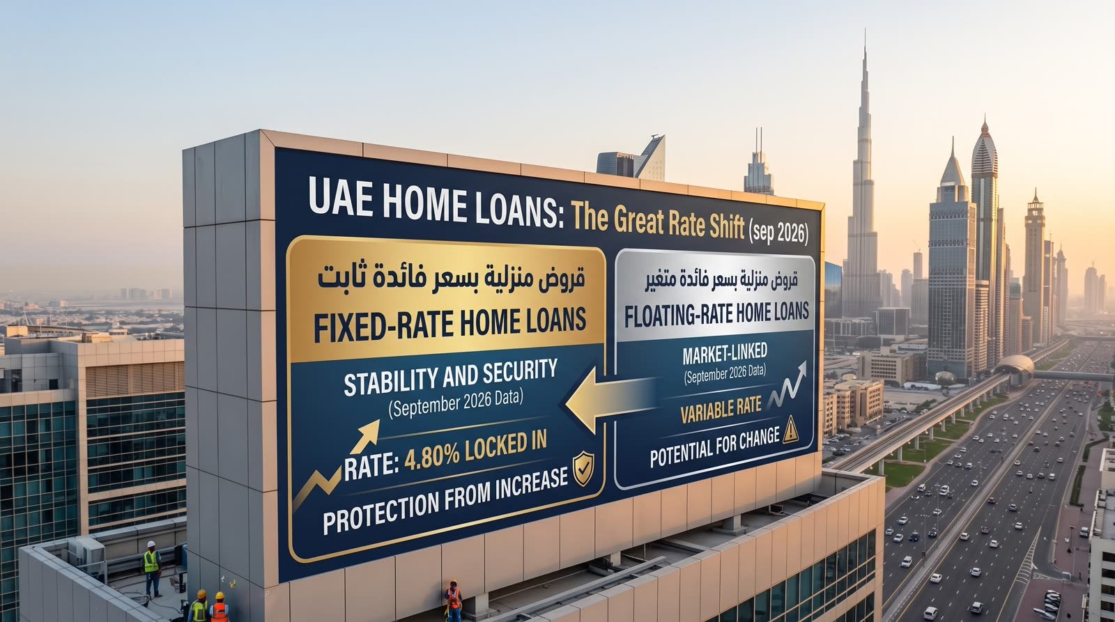 Fixed and floating mortgage rate signage against a Dubai skyline, representing the shift toward fixed-rate UAE home loans in September 2026