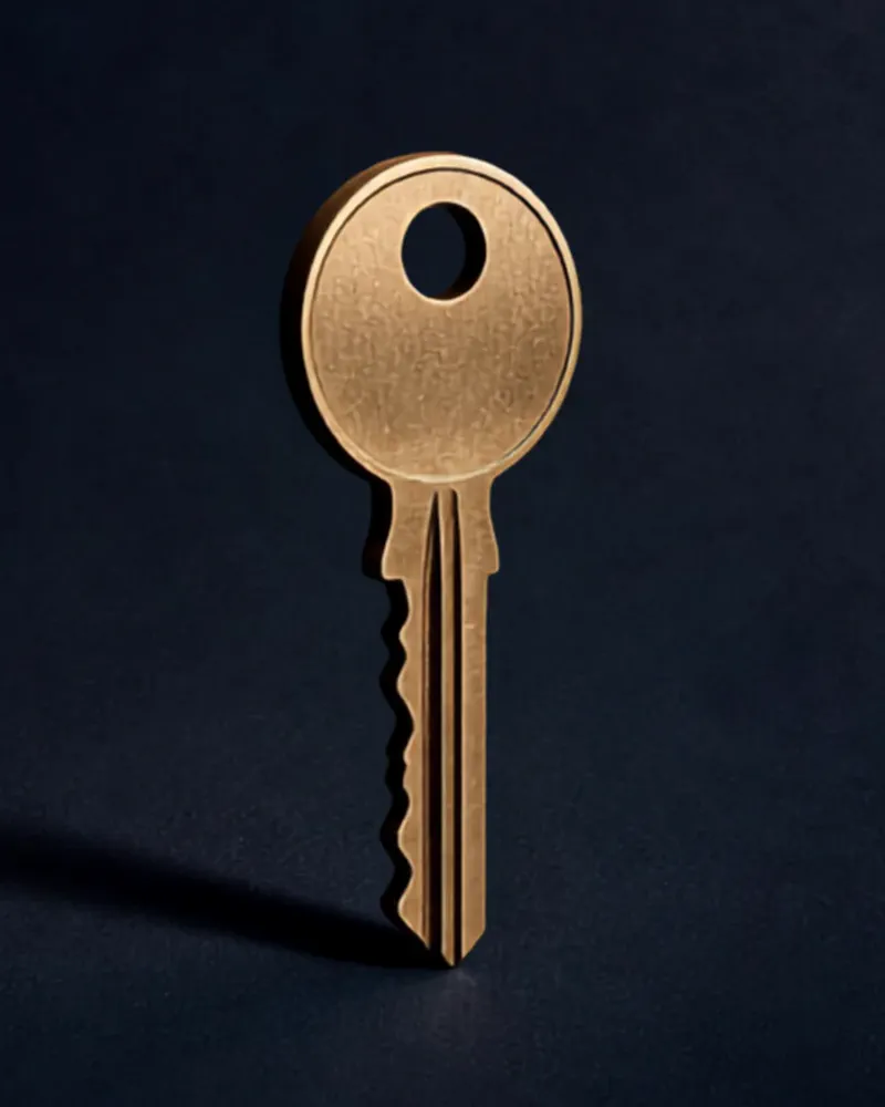 A brass house key standing on a dark navy surface