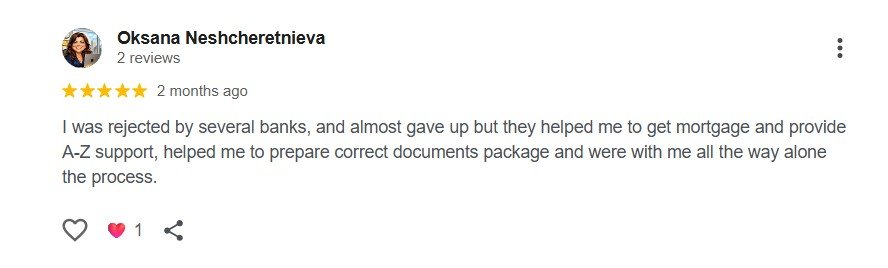 Google review from Oksana Neshcheretnieva: five stars, rejected by several banks but WayzFinder helped get the mortgage with A-Z support