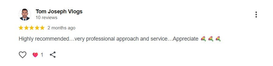 Google review from Tom Joseph Vlogs: five stars, highly recommended, very professional approach and service